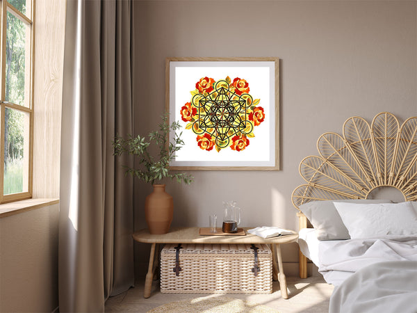 "Golden Metatron's Cube with Rose Gold Roses" Fine Art Print