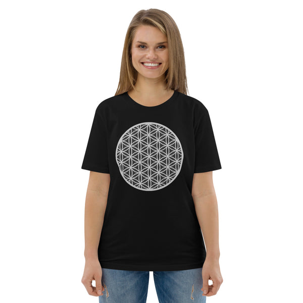 "Flower of Life - Silver on Black" Unisex Organic Cotton T Shirt