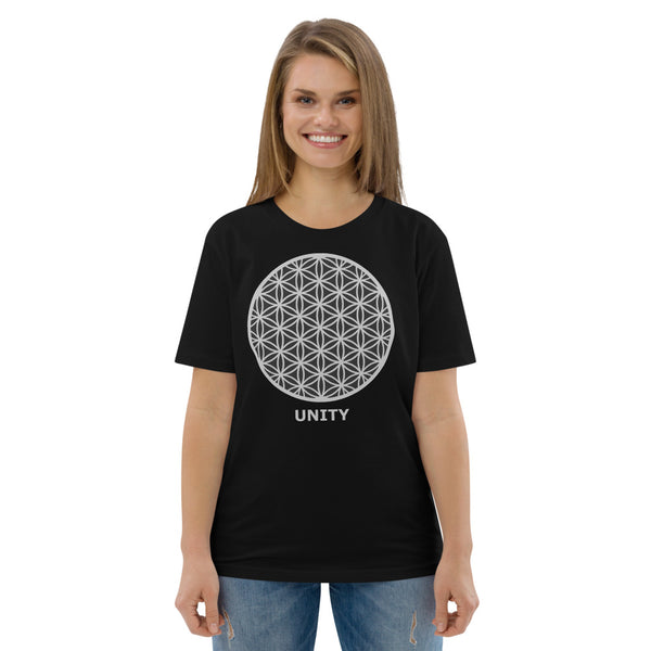 "Flower of Life - Silver on Black- Unity" Unisex Organic Cotton T-Shirt