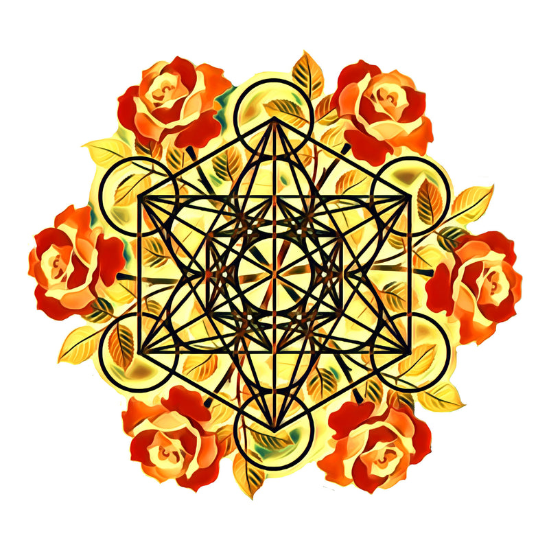 "Golden Metatron's Cube with Rose Gold Roses" Poster  Print