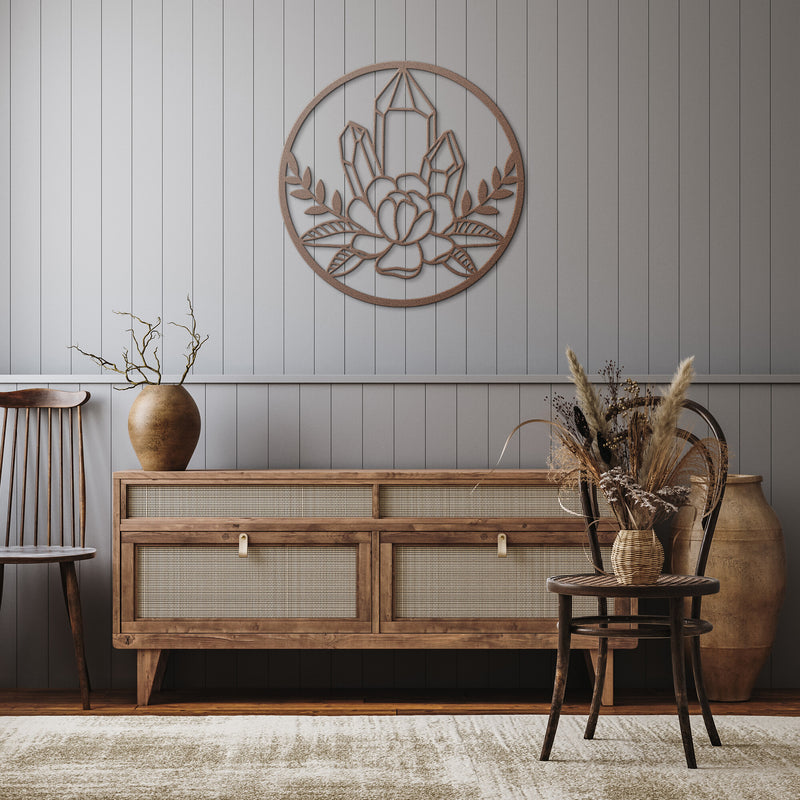 "Three Crystal Points with Lotus" Metal Wall Art