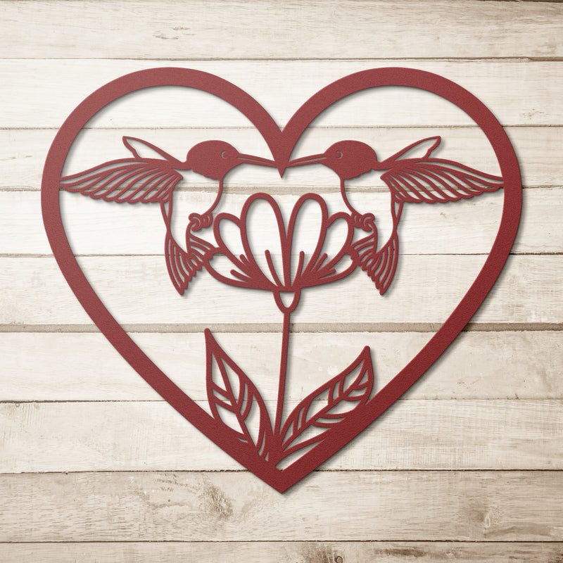 "Two Hummingbirds with Flower in Heart" Metal Wall Art