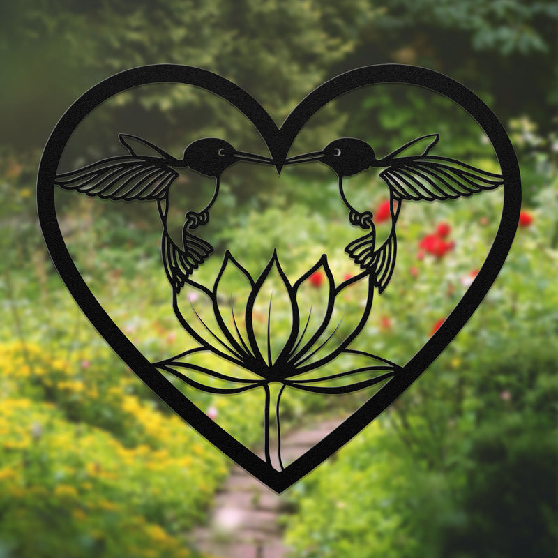 "Two Hummingbirds with Lotus in Heart" Metal Wall Art
