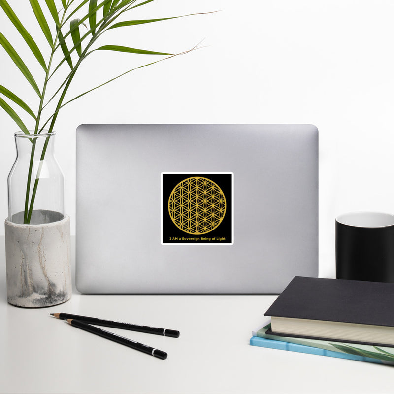 "Flower of Life - Metallic Gold on Black - I AM a Sovereign Being of Light" Bubble-free Stickers