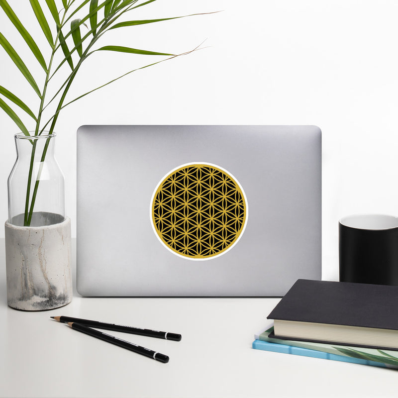 "Flower of Life - Metallic Gold on Black" Bubble-free Stickers