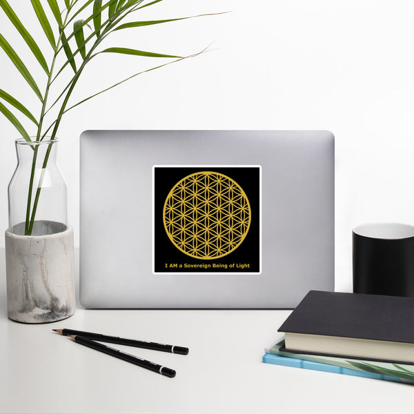 "Flower of Life - Metallic Gold on Black - I AM a Sovereign Being of Light" Bubble-free Stickers